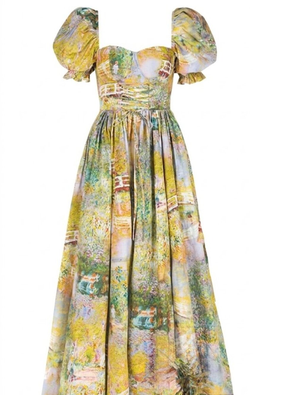 Selkie The Bridges Ritz Gown Dress Puff Sleeve Scenic Print Dress Size XS